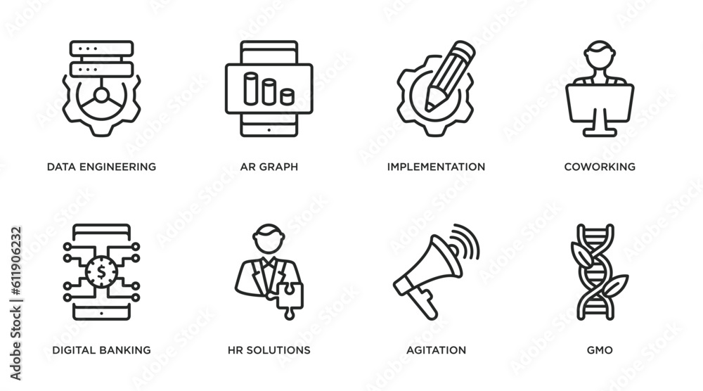Poster general outline icons set. thin line icons such as data engineering, ar graph, implementation, cowor