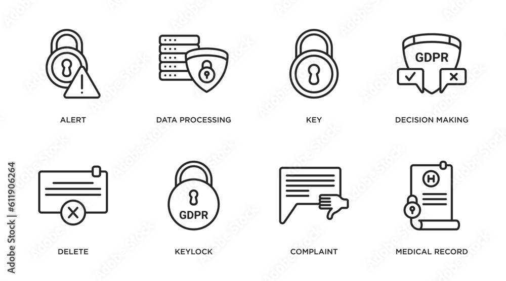 Aufkleber gdpr outline icons set. thin line icons such as alert, data processing, key, decision making, delete