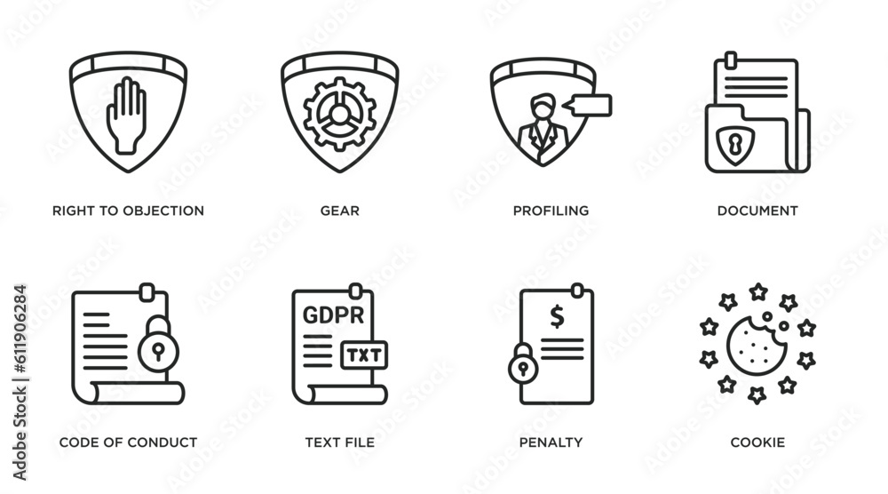 Poster gdpr outline icons set. thin line icons such as right to objection, gear, profiling, document, code 