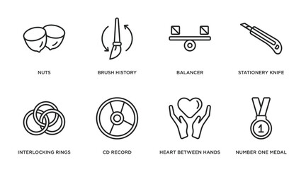 general outline icons set. thin line icons such as nuts, brush history, balancer, stationery knife, interlocking rings, cd record, heart between hands, number one medal vector.