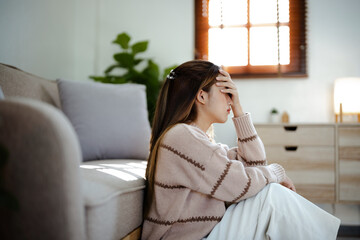 Depression asian woman Sad pensive mental health concept. Self isolation.