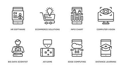 general outline icons set. thin line icons such as hr software, ecommerce solutions, info chart, computer vision, big data scientist, ar game, edge computing, distance learning vector.