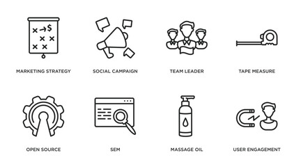 general outline icons set. thin line icons such as marketing strategy, social campaign, team leader, tape measure, open source, sem, massage oil, user engagement vector.