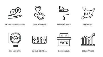 general outline icons set. thin line icons such as initial coin offering, user behavior, painting work, organism, mri scanner, sound control, referendum, stock prices vector.