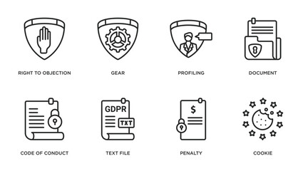 gdpr outline icons set. thin line icons such as right to objection, gear, profiling, document, code of conduct, text file, penalty, cookie vector.