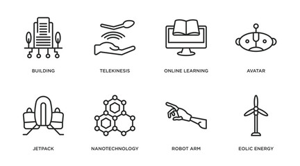 future technology outline icons set. thin line icons such as building, telekinesis, online learning, avatar, jetpack, nanotechnology, robot arm, eolic energy vector.