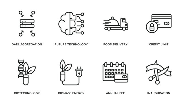 general outline icons set. thin line icons such as data aggregation, future technology, food delivery, credit limit, biotechnology, biomass energy, annual fee, inauguration vector.