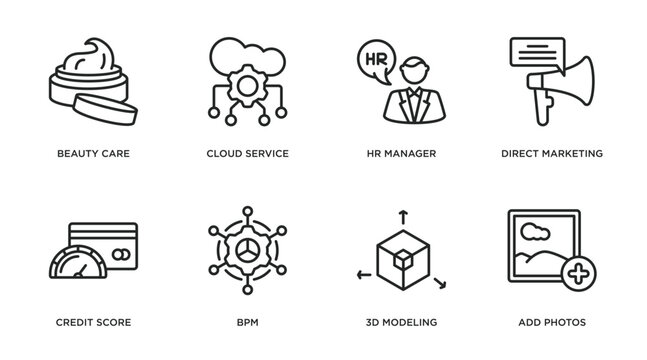 general outline icons set. thin line icons such as beauty care, cloud service, hr manager, direct marketing, credit score, bpm, 3d modeling, add photos vector.