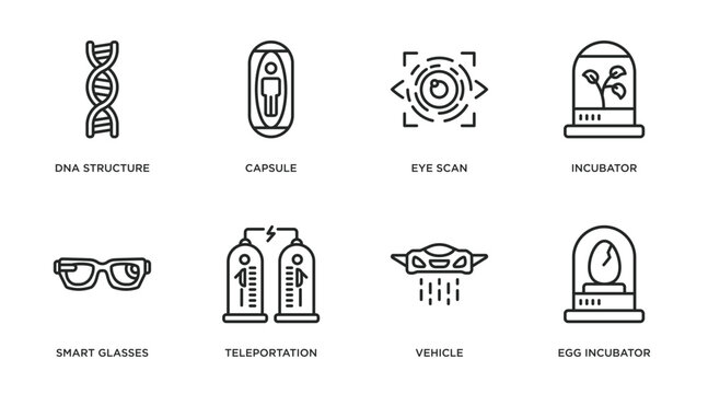 future technology outline icons set. thin line icons such as dna structure, capsule, eye scan, incubator, smart glasses, teleportation, vehicle, egg incubator vector.