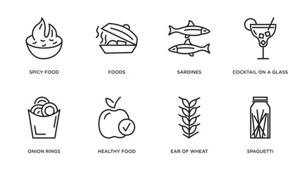 food outline icons set. thin line icons such as spicy food, foods, sardines, cocktail on a glass, onion rings, healthy food, ear of wheat, spaguetti vector.
