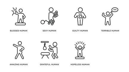 feelings outline icons set. thin line icons such as blessed human, sexy human, guilty human, terrible amazing grateful hopeless confident vector.