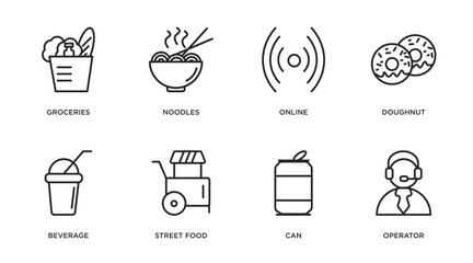 fast food outline icons set. thin line icons such as groceries, noodles, online, doughnut, beverage, street food, can, operator vector.