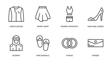 fashion outline icons set. thin line icons such as long sleeves, short skirt, women tracksuit, high heel shoes, hazmat, pair sandals, fiance, purses vector.