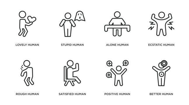 feelings outline icons set. thin line icons such as lovely human, stupid human, alone human, ecstatic rough satisfied positive better vector.