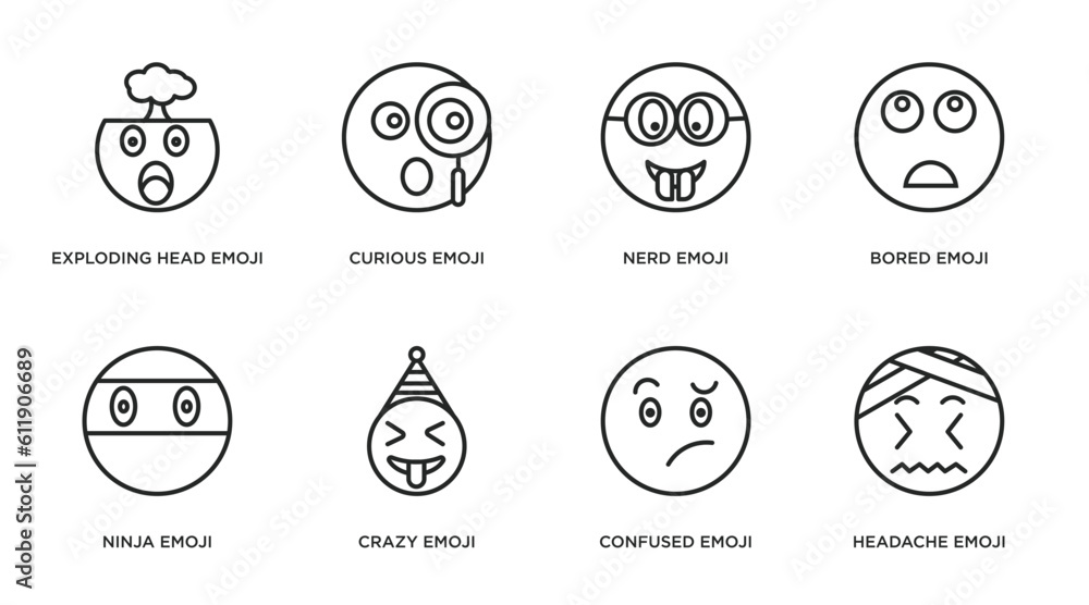 Poster emoji outline icons set. thin line icons such as exploding head emoji, curious emoji, nerd bored nin