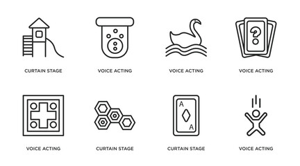 arcade outline icons set. thin line icons such as curtain stage, voice acting, voice acting, voice acting, curtain stage, curtain stage, vector.