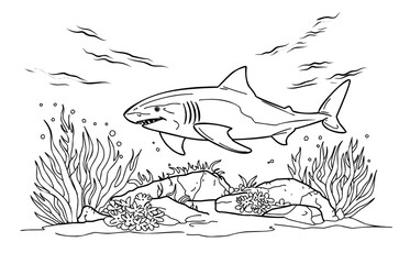 Coloring page shark. Coloring page life in the ocean with algae.
