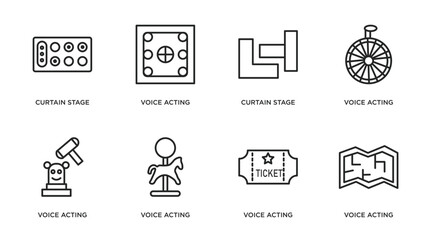 arcade outline icons set. thin line icons such as curtain stage, voice acting, curtain stage, voice acting, voice acting, vector.