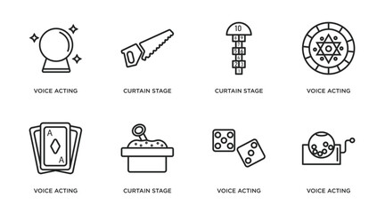 arcade outline icons set. thin line icons such as voice acting, curtain stage, curtain stage, voice acting, voice acting, curtain stage, vector.