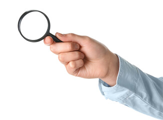 Female hand with mini magnifier isolated on white background