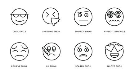 emoji outline icons set. thin line icons such as cool emoji, sneezing emoji, suspect hypnotized pensive ill scared in love vector.