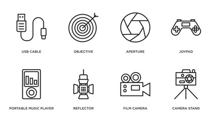 electronic stuff fill outline icons set. thin line icons such as usb cable, objective, aperture, joypad, portable music player, reflector, film camera, camera stand vector.