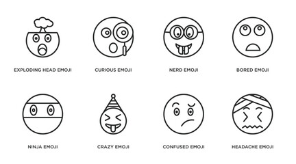 emoji outline icons set. thin line icons such as exploding head emoji, curious emoji, nerd bored ninja crazy confused headache vector. © IconArt
