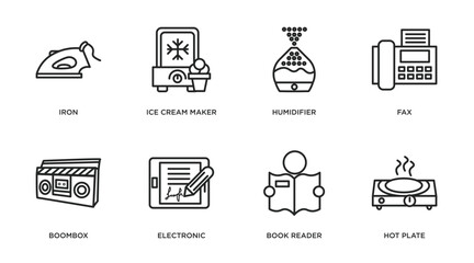 electronic devices outline icons set. thin line icons such as iron, ice cream maker, humidifier, fax, boombox, electronic, book reader, hot plate vector.