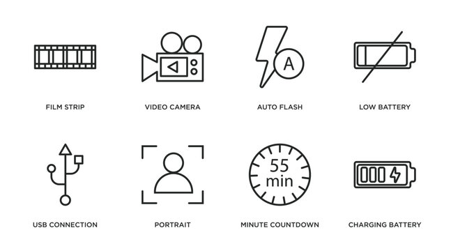 electronic stuff fill outline icons set. thin line icons such as film strip, video camera, auto flash, low battery, usb connection, portrait, minute countdown, charging battery vector.