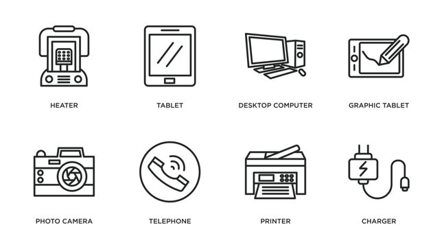 electronic devices outline icons set. thin line icons such as heater, tablet, desktop computer, graphic tablet, photo camera, telephone, printer, charger vector.