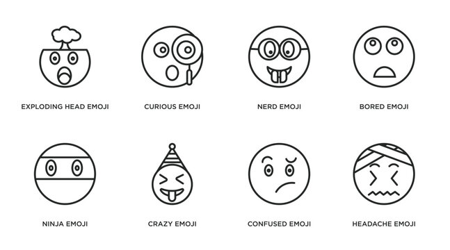 emoji outline icons set. thin line icons such as exploding head emoji, curious emoji, nerd bored ninja crazy confused headache vector.