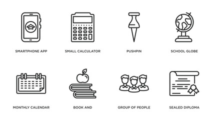 education outline icons set. thin line icons such as smartphone app, small calculator, pushpin, school globe, monthly calendar, book and, group of people, sealed diploma vector.