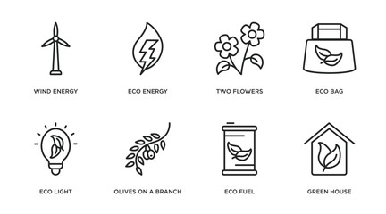ecology outline icons set. thin line icons such as wind energy, eco energy, two flowers, eco bag, eco light, olives on a branch, fuel, green house vector.