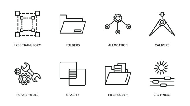 edit tools outline icons set. thin line icons such as free transform, folders, allocation, calipers, repair tools, opacity, file folder, lightness vector.