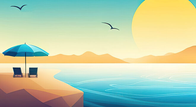 Abstract beach with sunset, beach chair and umbrella. Cartoon style summer background generative ai illustration