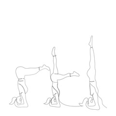 Set Female yoga poses for flexibility in one continue line art drawing for yoga, fitness, sport, workout, health. Woman Isolated image hand draw contour. Line art of girl doing Yoga in shoulder stand.