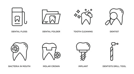 dentist outline icons set. thin line icons such as dental floss, dental folder, tooth cleaning, dentist, bacteria in mouth, molar crown, implant, dentists drill tool vector.