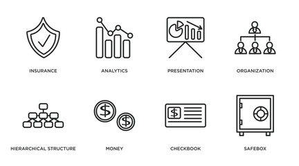 digital economy outline icons set. thin line icons such as insurance, analytics, presentation, organization, hierarchical structure, money, checkbook, safebox vector.