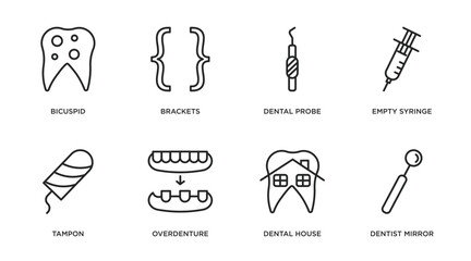 dentist outline icons set. thin line icons such as bicuspid, brackets, dental probe, empty syringe, tampon, overdenture, dental house, dentist mirror vector.