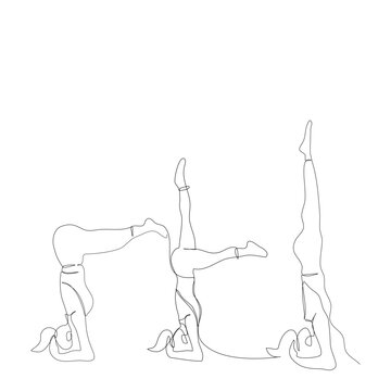 Set Female yoga poses for flexibility in one continue line art drawing for yoga, fitness, sport, workout, health. Woman Isolated image hand draw contour. Line art of girl doing Yoga in shoulder stand.
