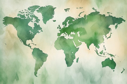 Watercolor vintage world map in green colors background