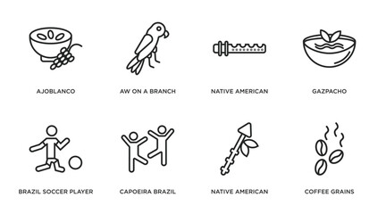 culture outline icons set. thin line icons such as ajoblanco, aw on a branch, native american flute, gazpacho, brazil soccer player, capoeira brazil dancers, native american spear, coffee grains