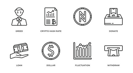 cryptocurrency outline icons set. thin line icons such as greed, crypto hash rate, , donate, loan, dollar, fluctuation, withdraw vector.