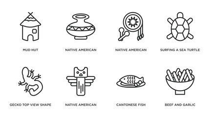 culture outline icons set. thin line icons such as mud hut, native american pot, native american drum, surfing a sea turtle, gecko top view shape, native american totem, cantonese fish, beef and