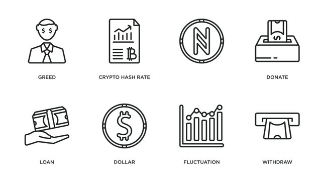 cryptocurrency outline icons set. thin line icons such as greed, crypto hash rate, , donate, loan, dollar, fluctuation, withdraw vector.