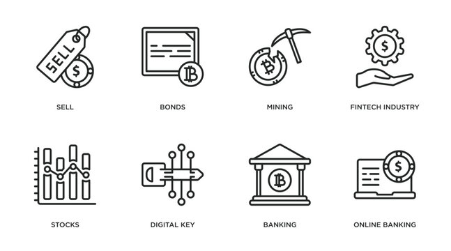 cryptocurrency outline icons set. thin line icons such as sell, bonds, mining, fintech industry, stocks, digital key, banking, online banking vector.