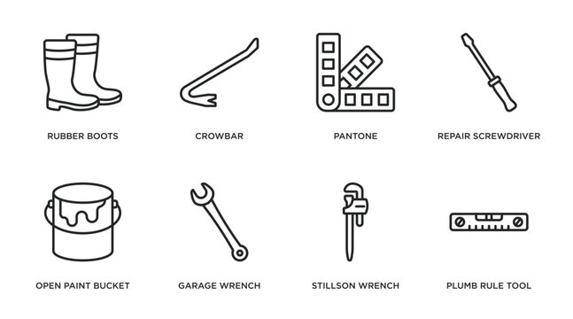construction tools outline icons set. thin line icons such as rubber boots, crowbar, pantone, repair screwdriver, open paint bucket, garage wrench, stillson wrench, plumb rule tool vector.