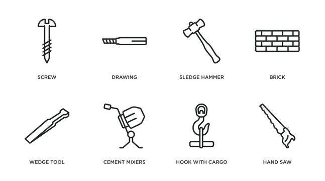 construction tools outline icons set. thin line icons such as screw, drawing, sledge hammer, brick, wedge tool, cement mixers, hook with cargo, hand saw vector.