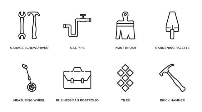 construction tools outline icons set. thin line icons such as garage screwdriver, gas pipe, paint brush, gardening palette, measuring wheel, businessman portfolio, tiles, brick hammer vector.