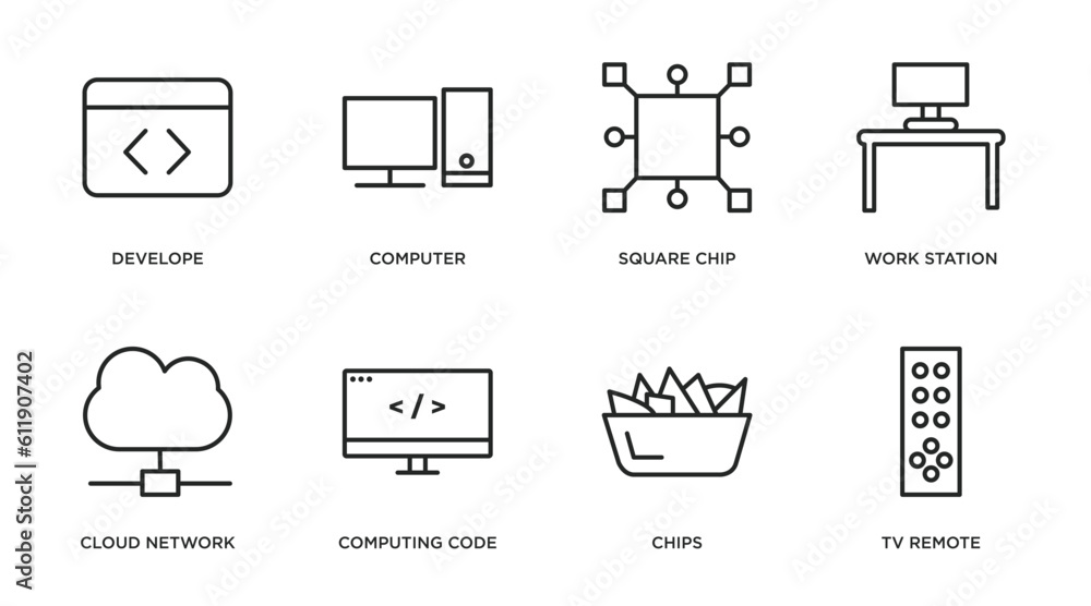 Poster computer outline icons set. thin line icons such as develope, computer, square chip, work station, c